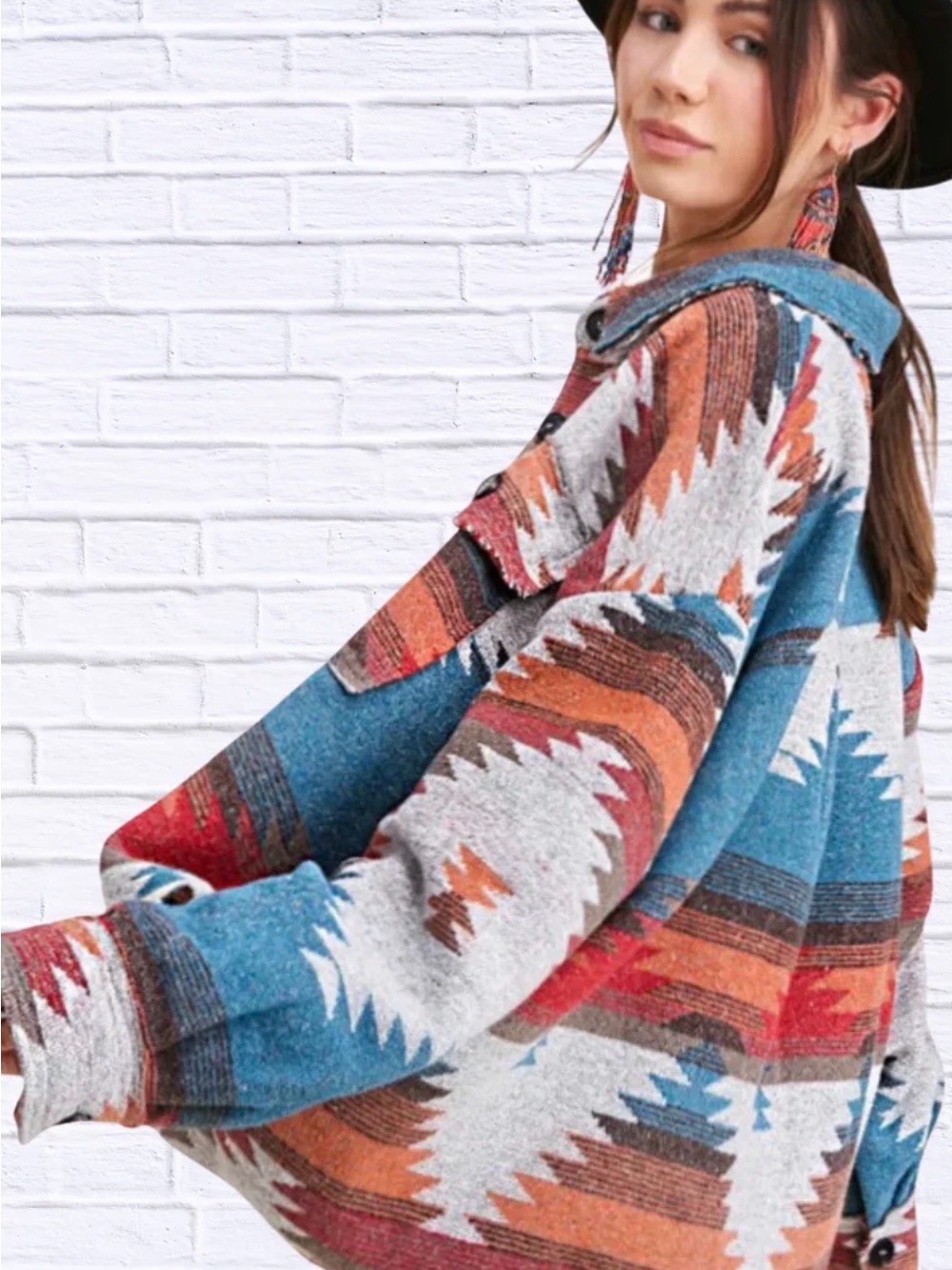 Aztec Pattern Shacket - Teal & Rust - Picture 2 of 5